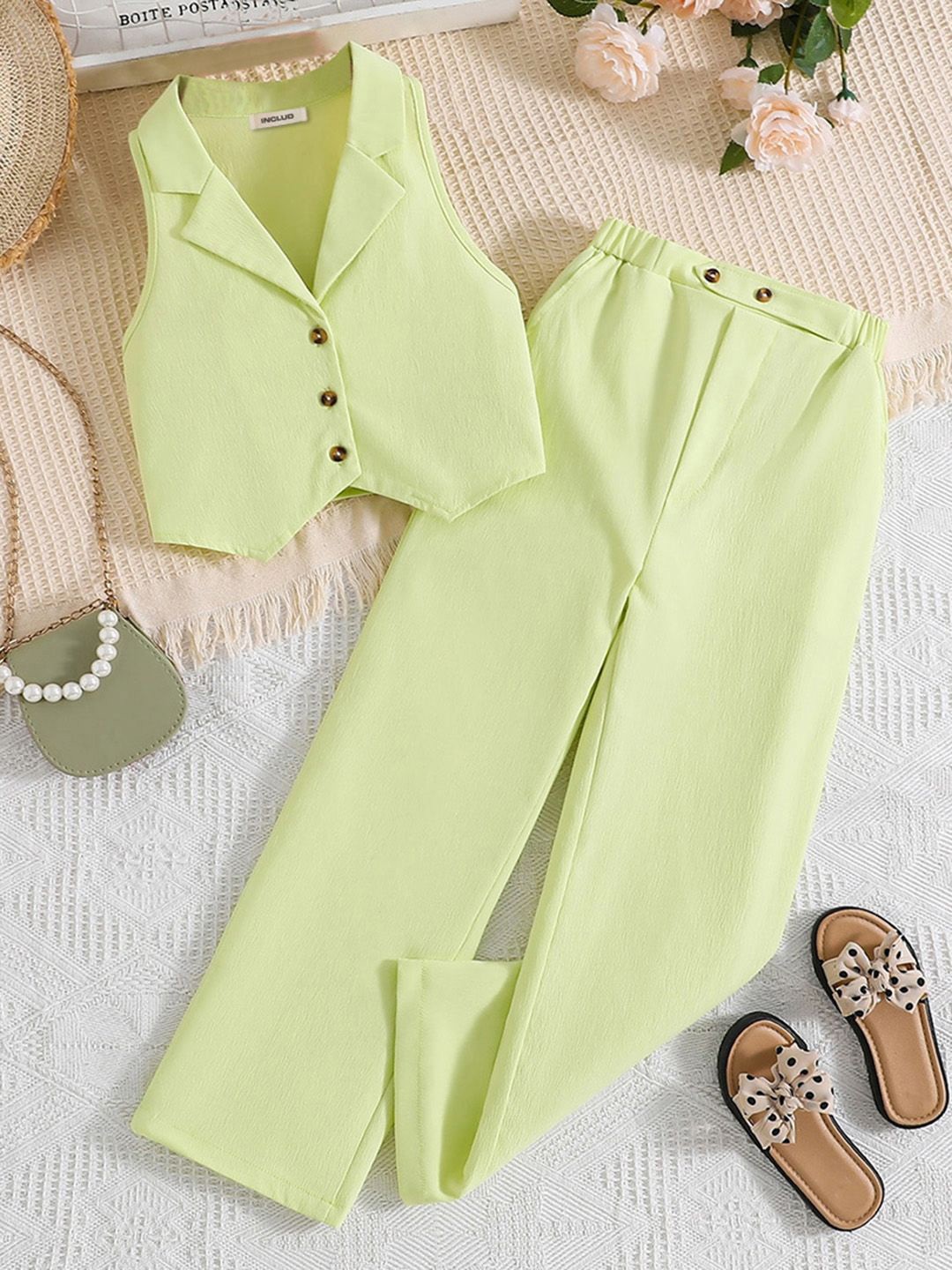 

INCLUD Girls Lapel Collar WaistCoat Top With Trousers, Green