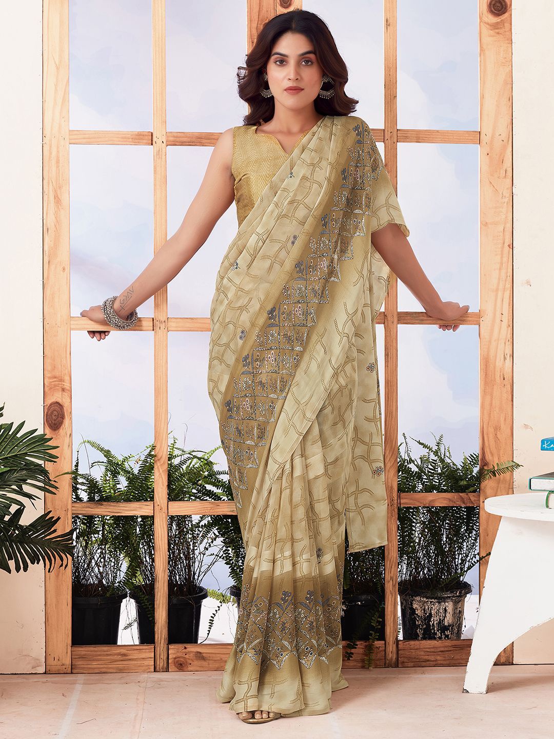 

KALINI Floral Pure Georgette Muga Saree, Beige