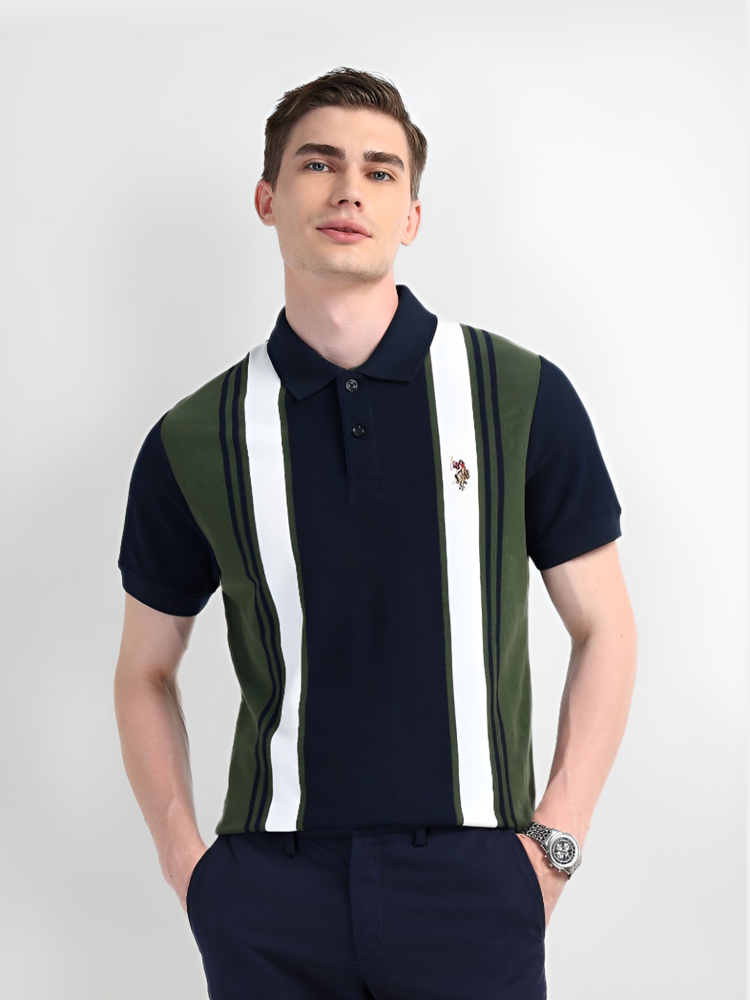 

U.S. Polo Assn. Denim Co. Men Striped Polo Collar Cotton Slim Fit T-shirt, Green