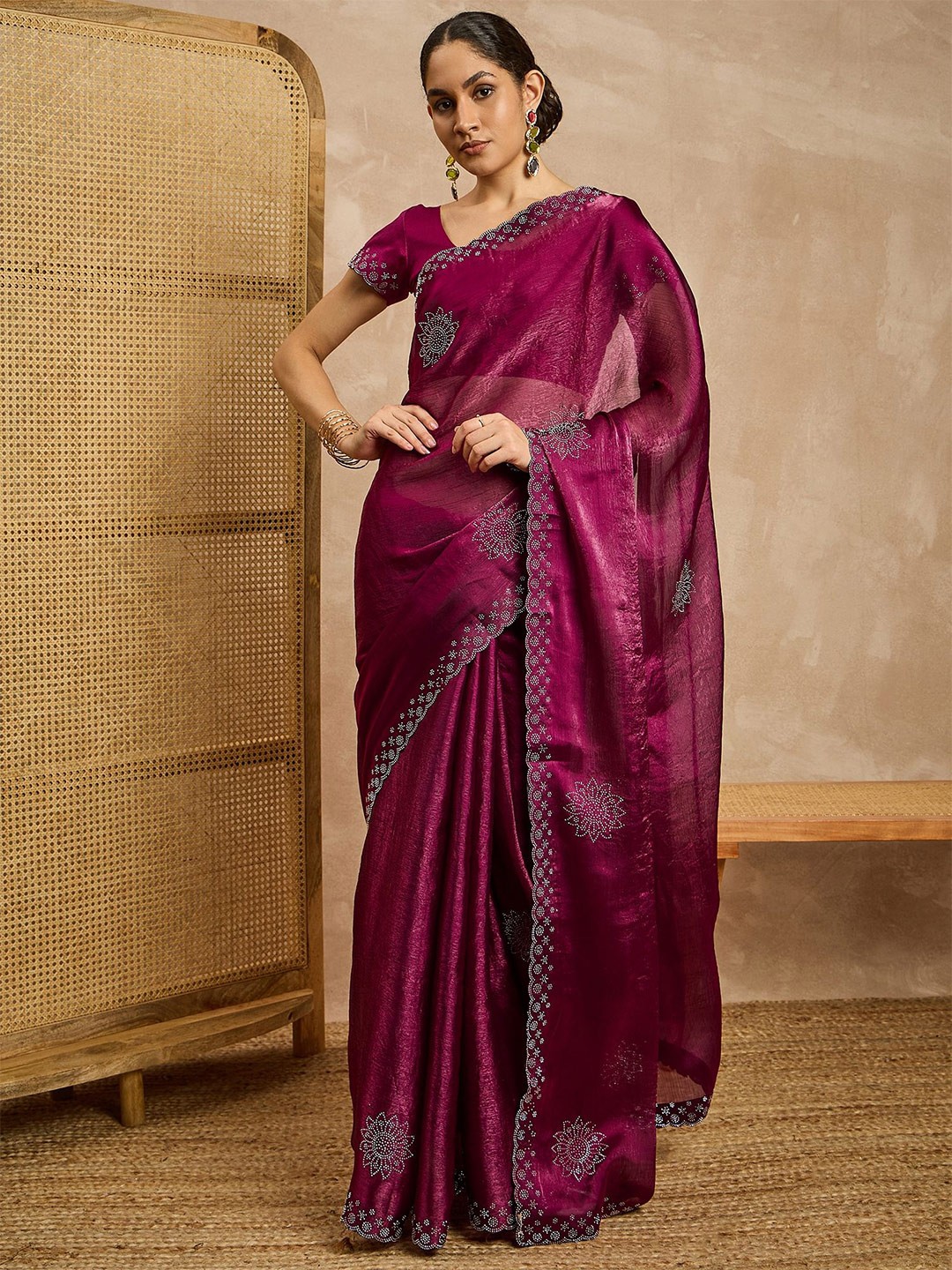 

all about you Floral Embellished Beads and Stones Pure Silk Saree, Purple