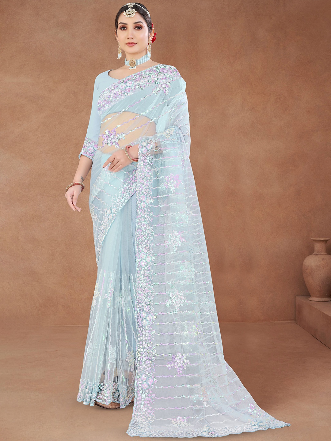 

Sanwariya Silk Embellished Sequinned Net Maheshwari Saree, Blue