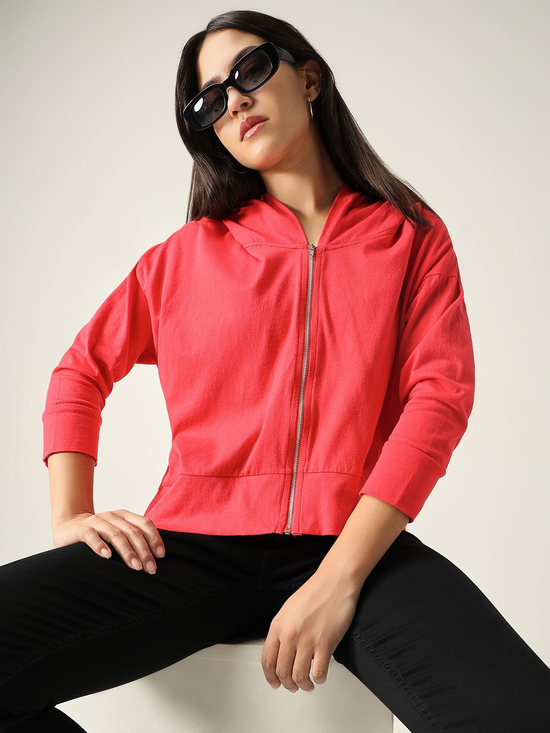 

SHOWOFF Women Solid Hood Cotton Front-Open Sweatshirt, Red