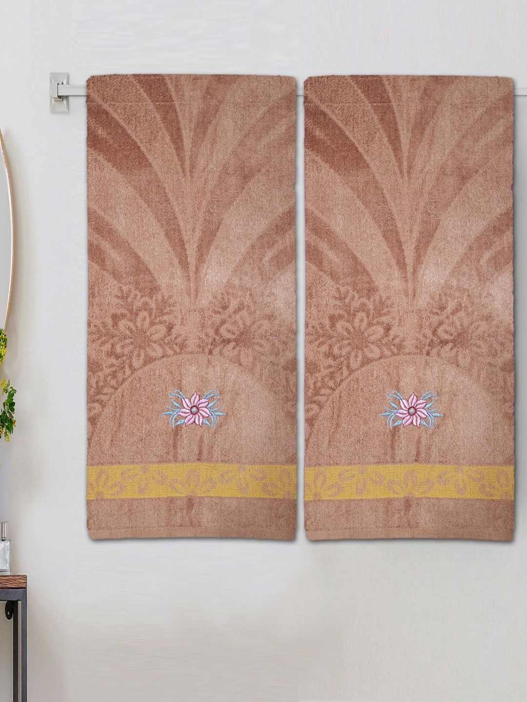 

ANA Brown & Pink 2 Pieces Floral Embroidered 350 GSM Cotton Bath Towel