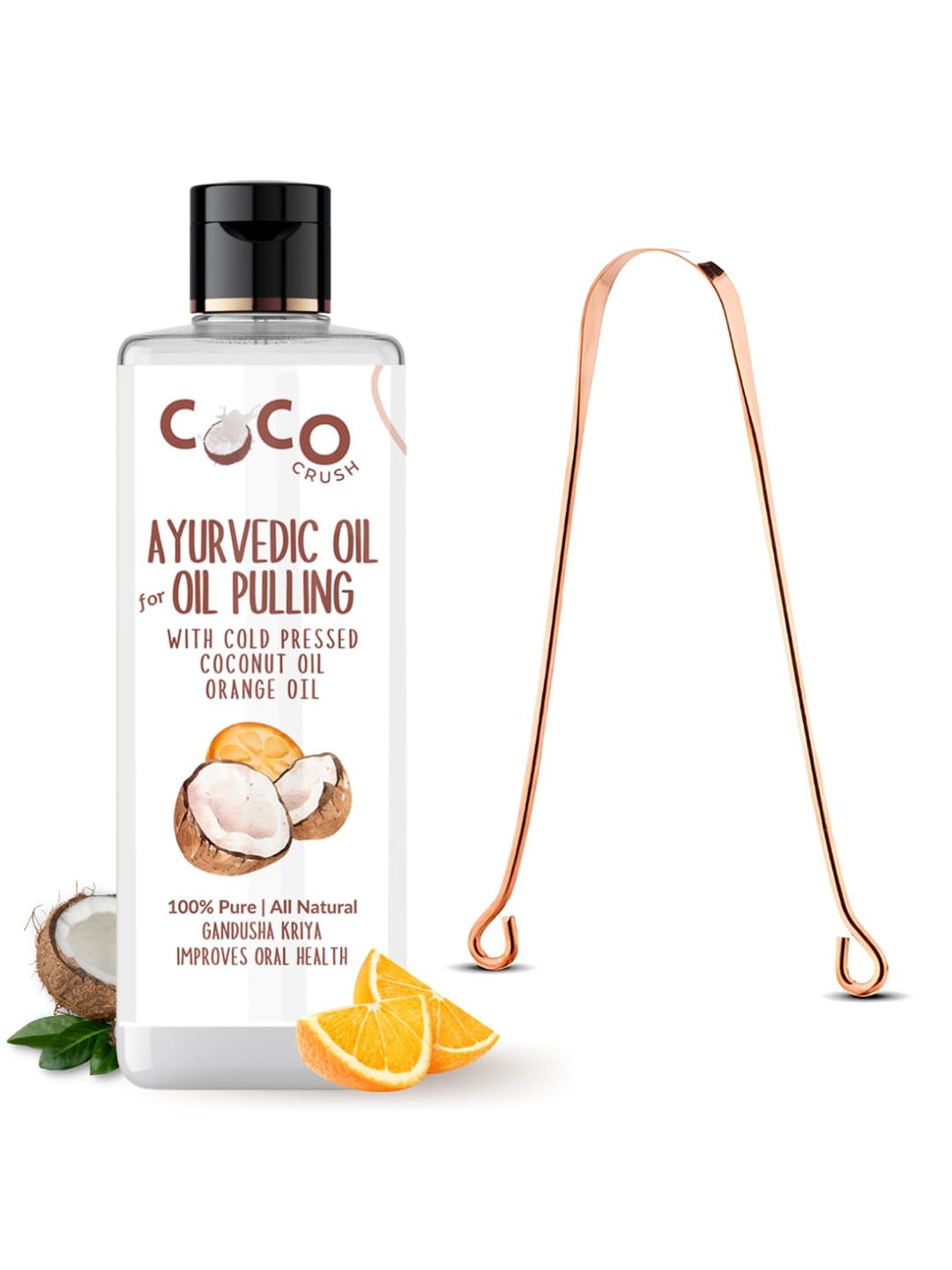 

Coco Crush Ayurvedic Coconut & Orange Oil For Oil Pulling With Copper Tongue Cleaner-200ml, Transparent