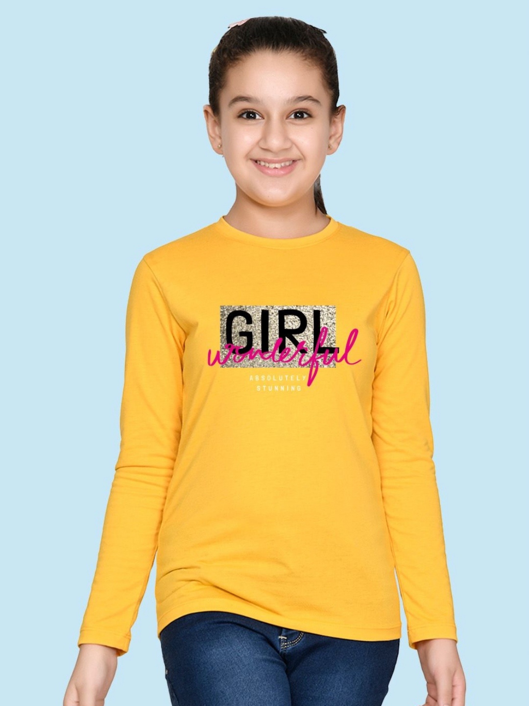 

NUSYL Girls Typography Printed Round Neck Cotton T-shirt, Yellow