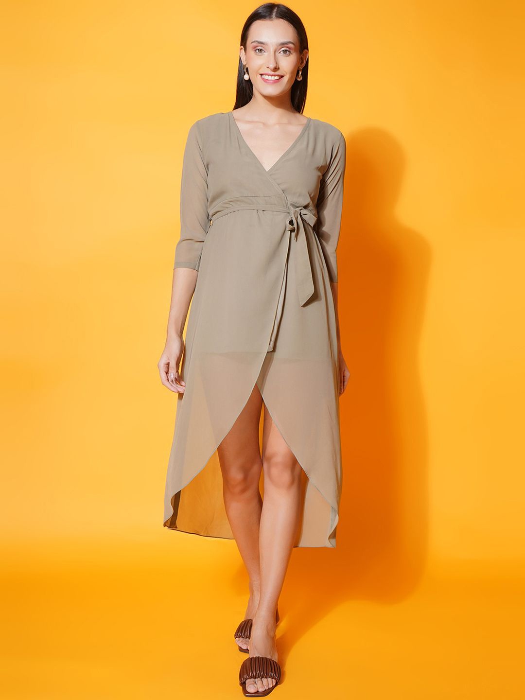 

KATLINE Women Georgette A-Line Midi Dress, Khaki