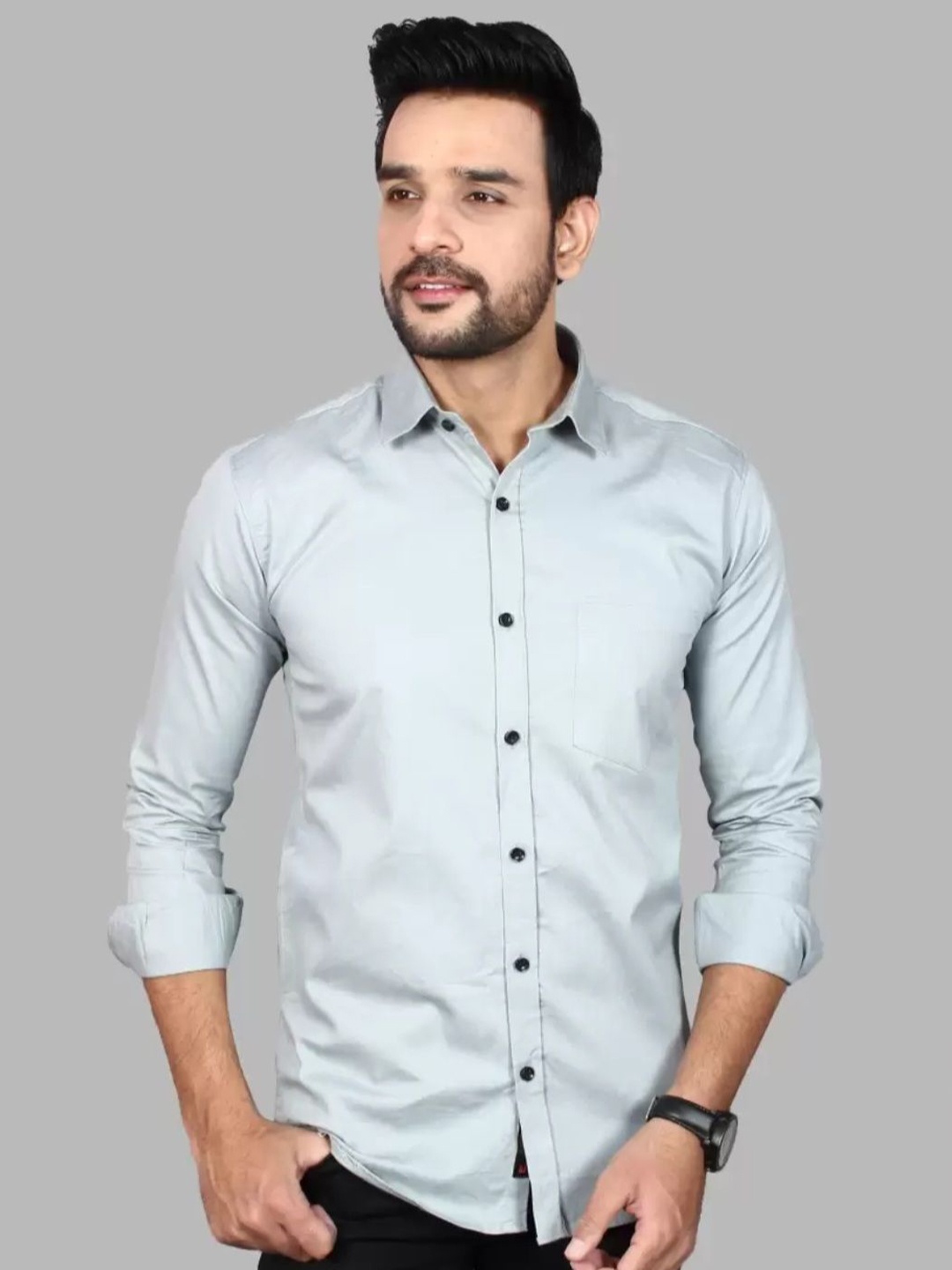 

Vcom Men Classic Spread Collar Solid Cotton Slim Fit Casual Shirt, Silver