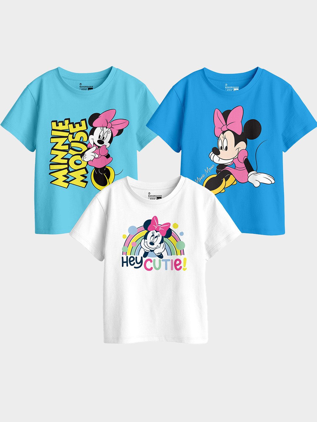 

BonOrganik Girls Pack Of 3 Graphic Printed Round Neck Cotton T-shirts, Turquoise blue