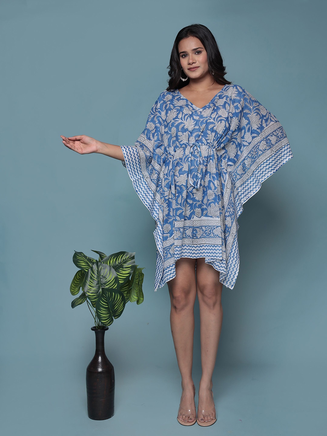 

Bohekant Women Floral Printed Cotton Kimono Sleeve Kaftan Dress, Blue