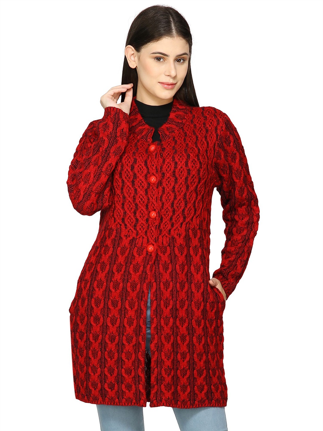 

HAUTEMODA Women Woollen Longline Cardigan, Maroon