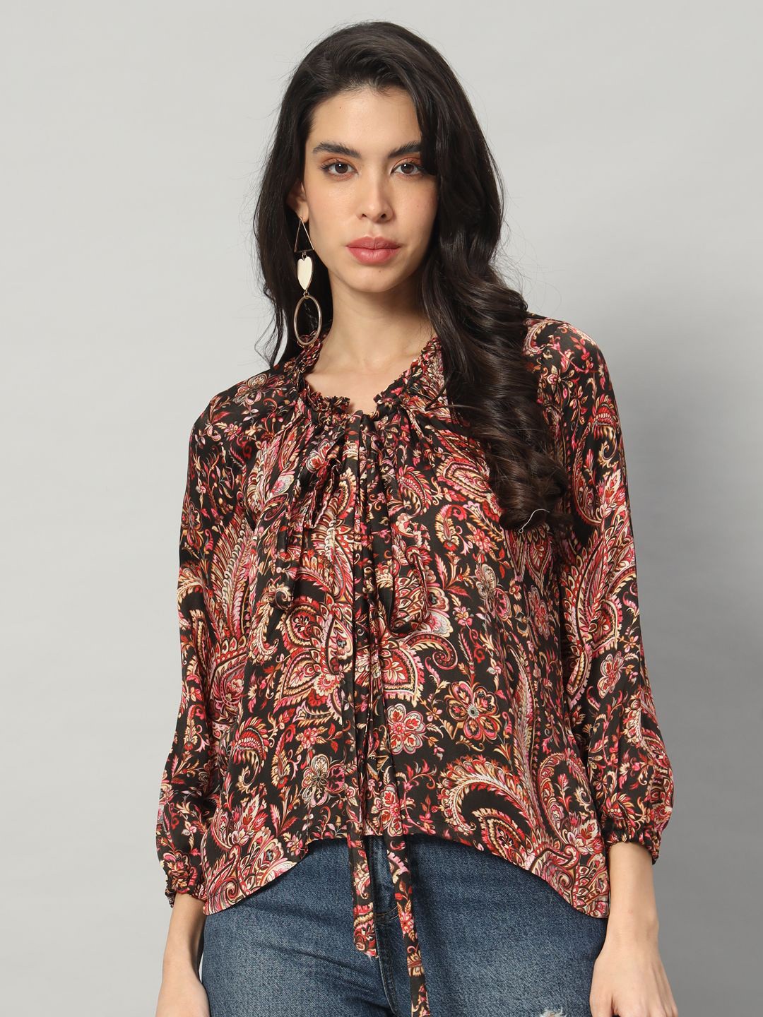 

BRIJAL LAD Women Ethnic Motifs Printed Round Neck Top, Black