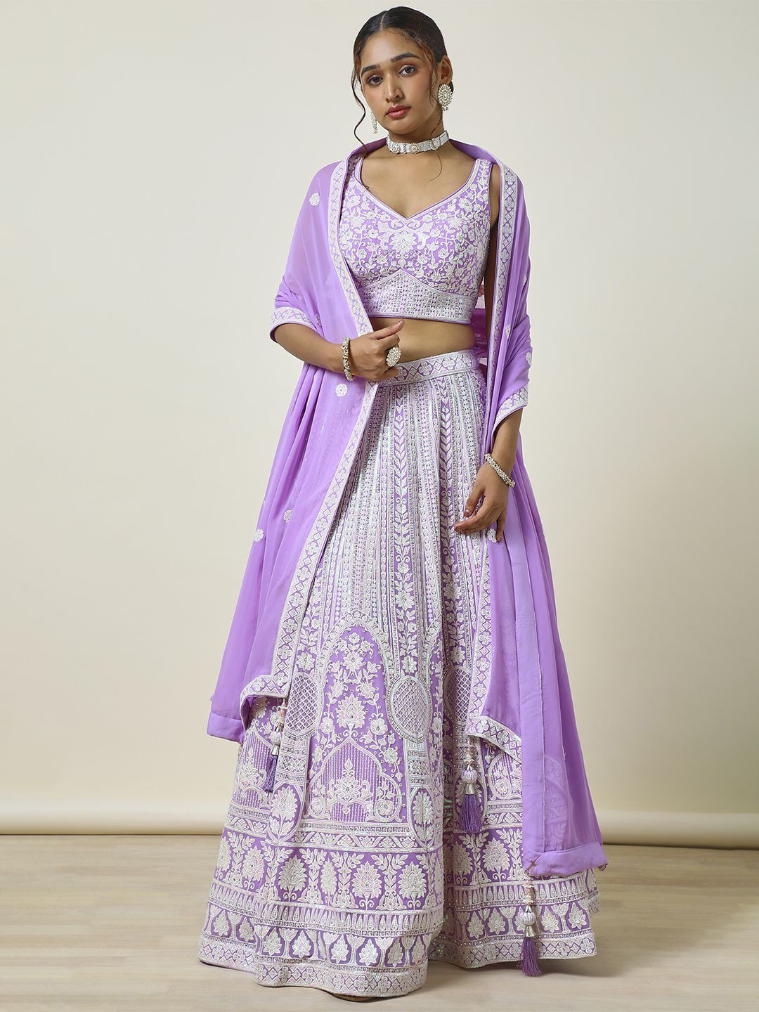 

Soch Embroidered Beads and Stones Ready to Wear Lehenga & Blouse With Dupatta, Purple