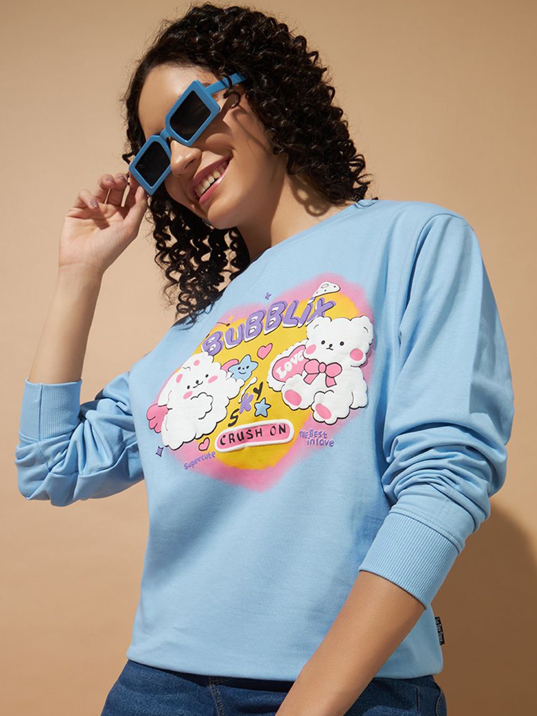 

The Dry State Women Graphic Printed Round Neck Cotton Pullover Sweatshirt, Turquoise blue