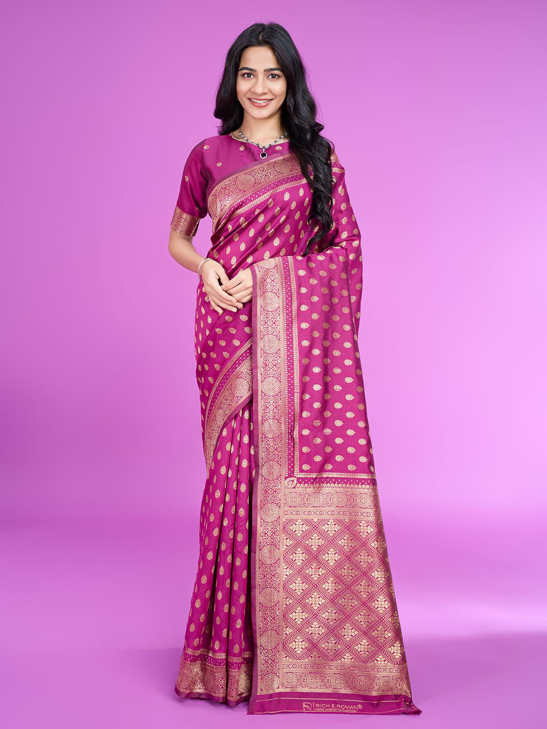 

RICH & ROMAN Woven Design Zari Pure Silk Banarasi Saree, Magenta