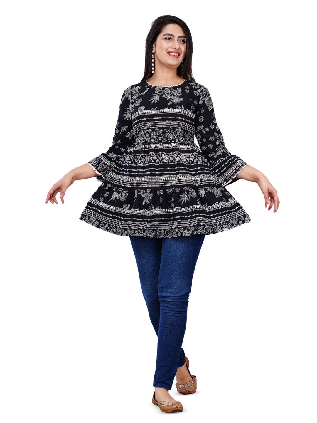 

Cloth Bites Floral Printed Cotton A-Line Top, Black