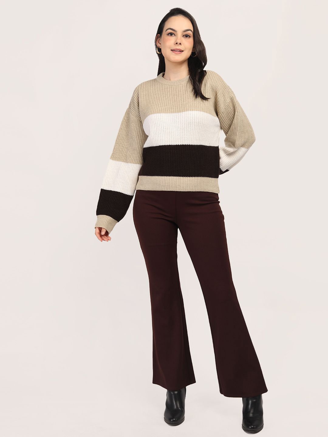 

CHKOKKO Women Colourblocked Woollen Pullover, Coffee brown