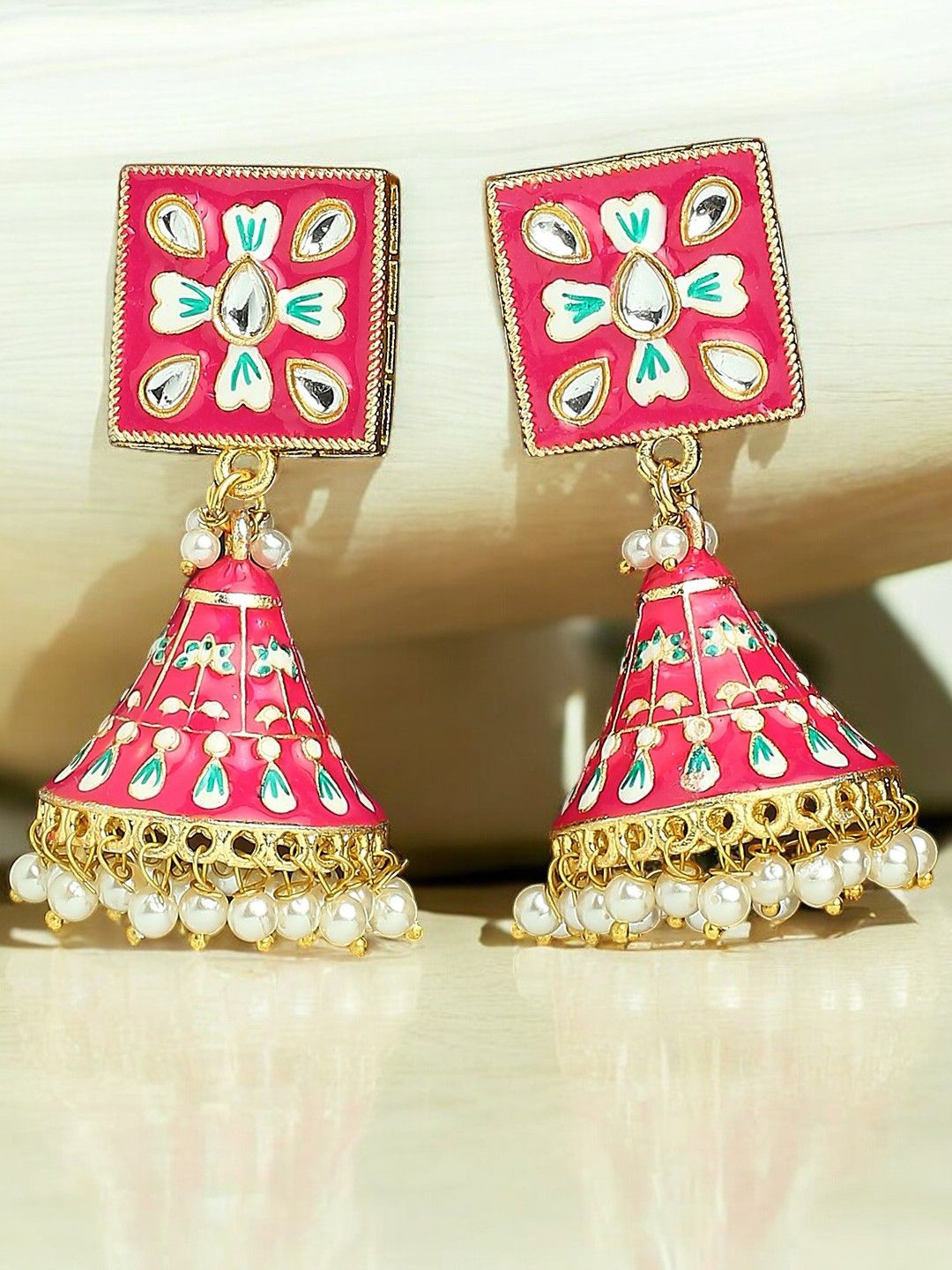 

OOMPH Meenakari Kundan Geometric Floral Jhumkas, Gold