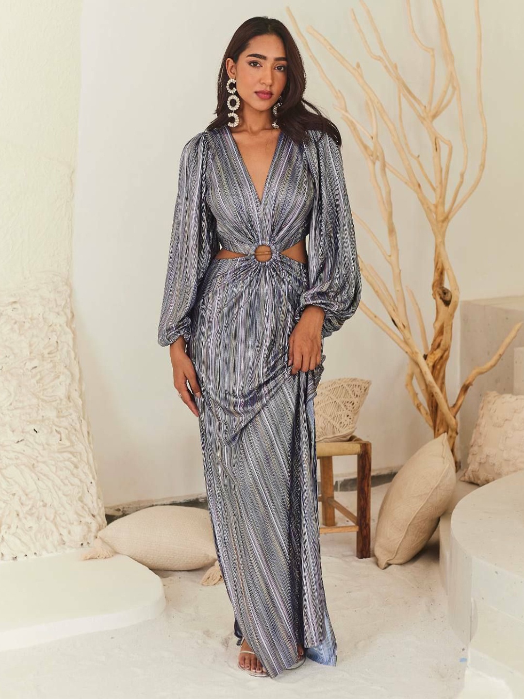 

Urban Suburban Women Puff Sleeve Cut-out Maxi Dress, Silver