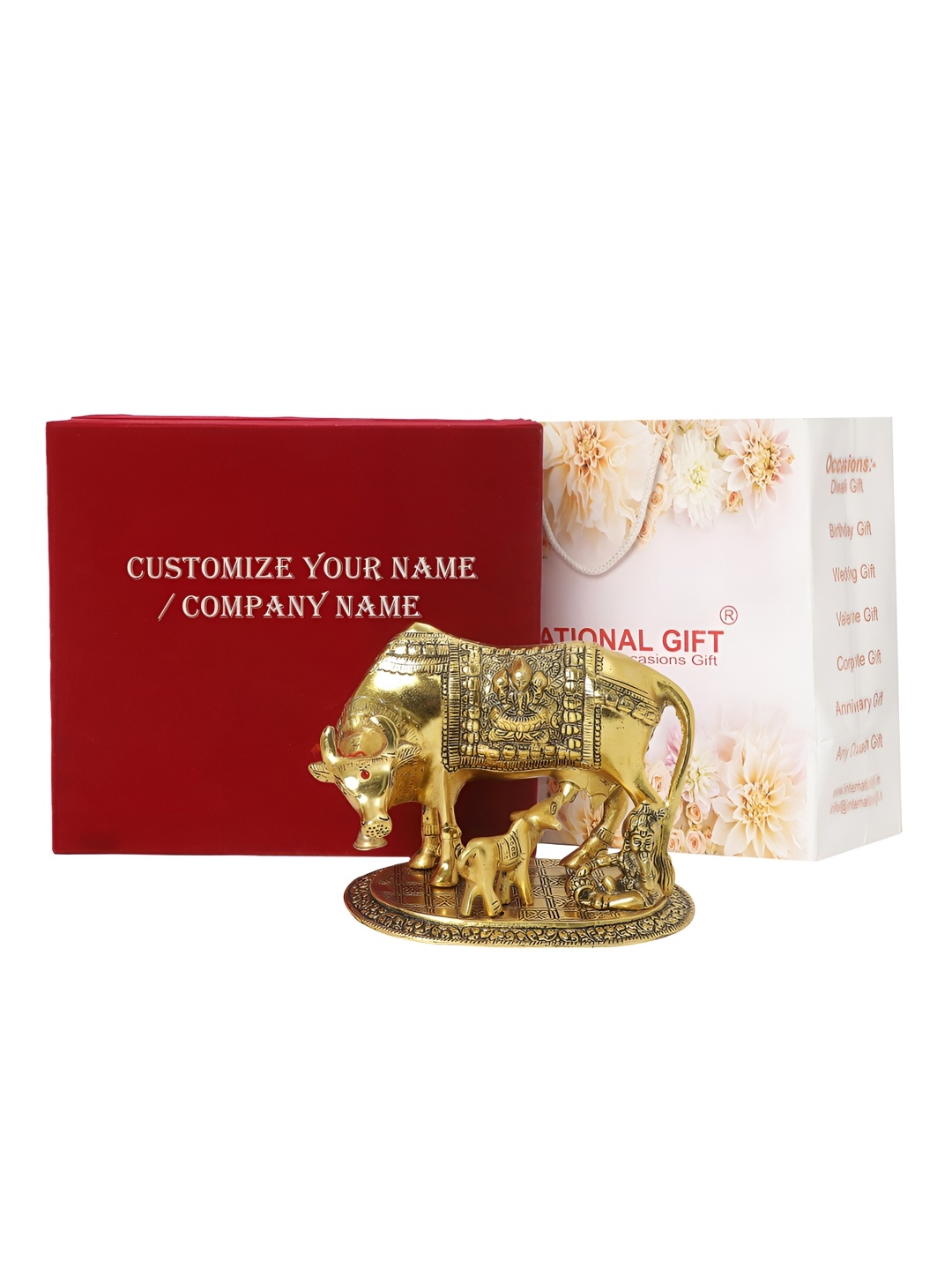

INTERNATIONAL GIFT Gold-Toned Kamdhenu Cow Statue with Tag & Velvet Box