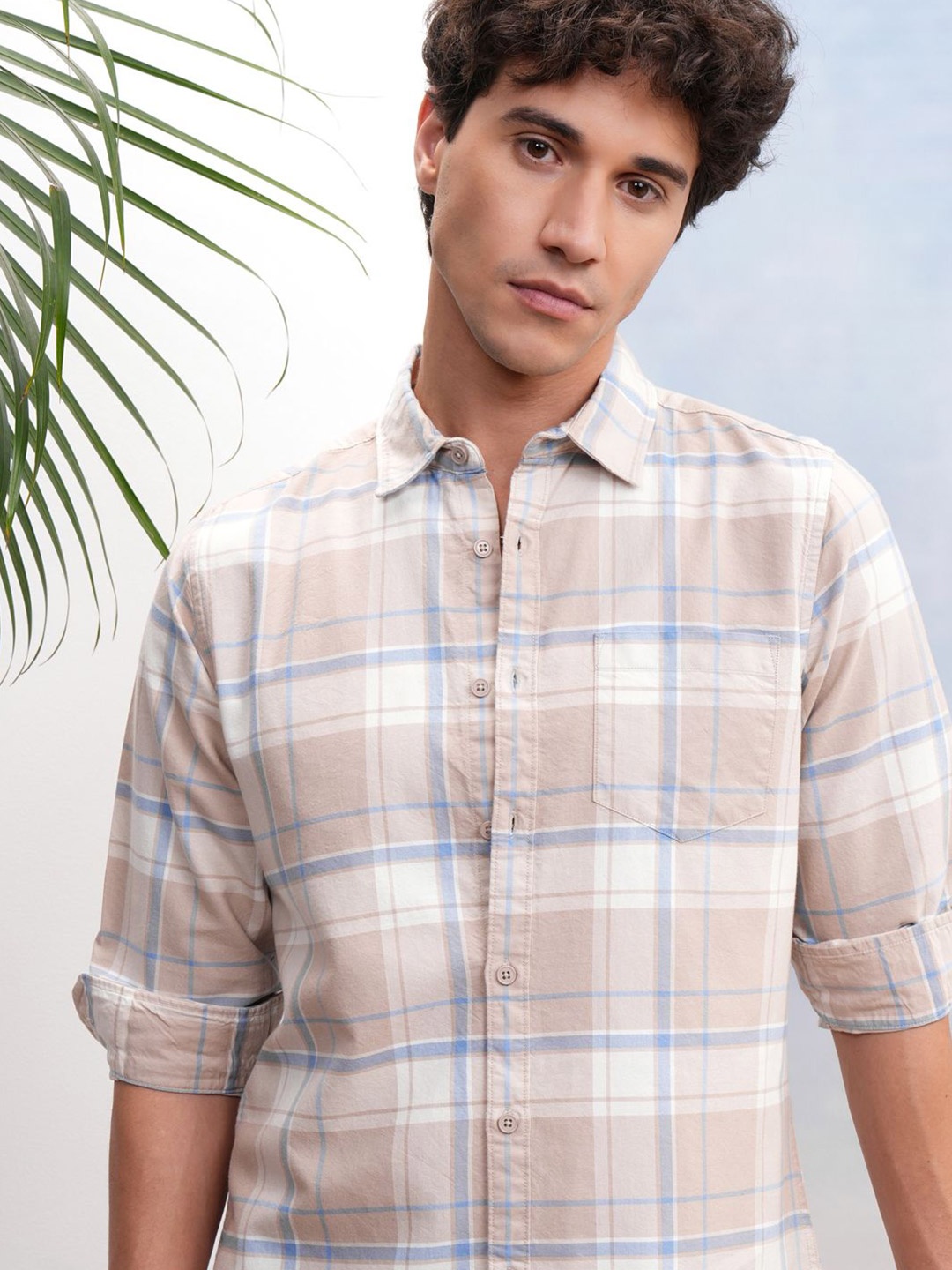 

Highlander Men Oxford Checked Casual Shirt, Beige