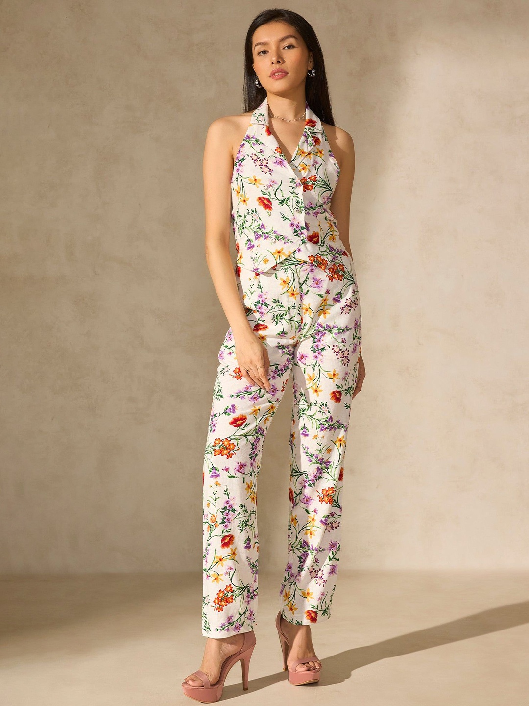 

Virgio Floral Printed Halter Neck Linen Top With Trousers, Off white