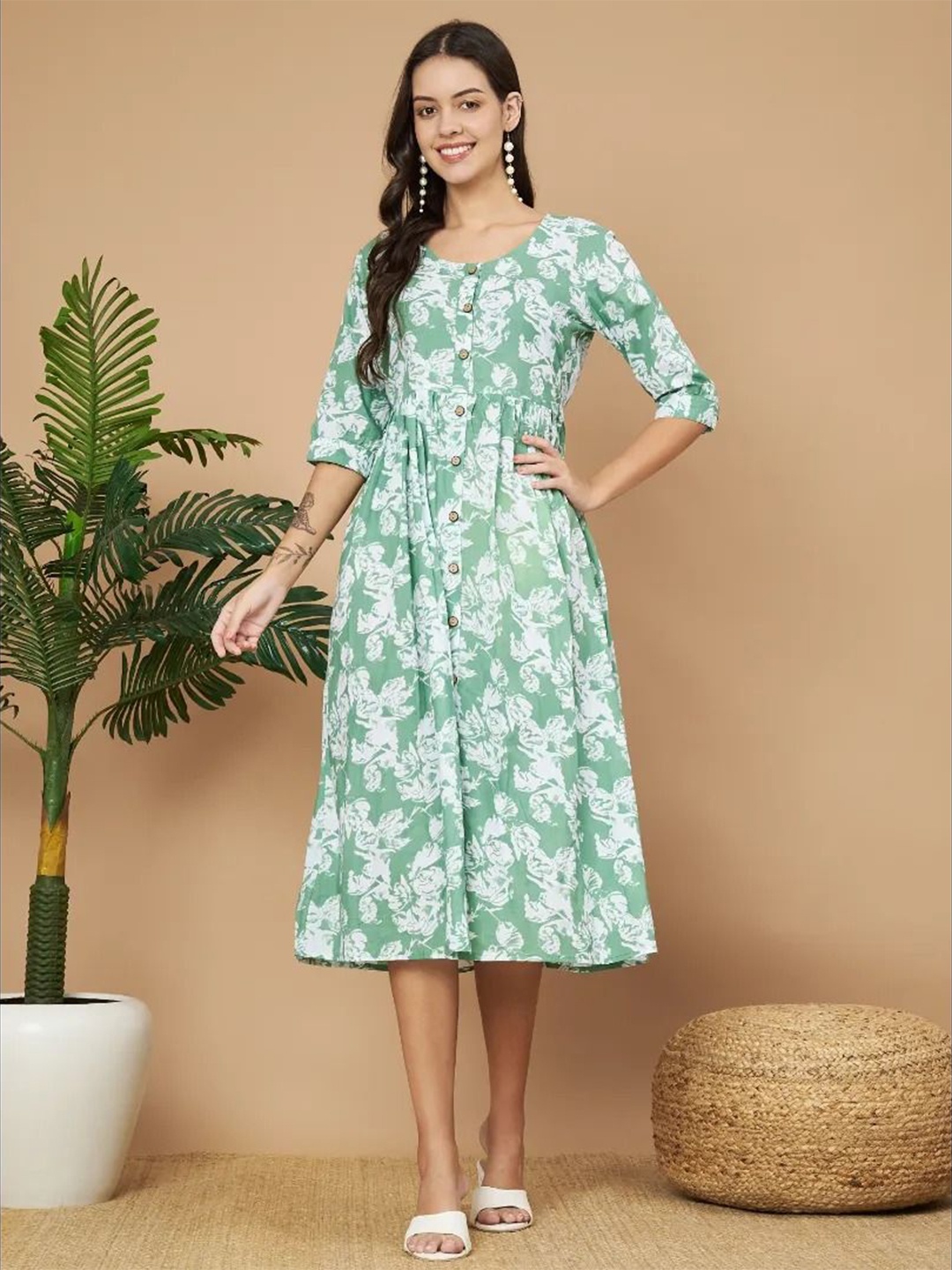 

Aaheli Floral Print Fit & Flare Cotton Midi Dress, Green