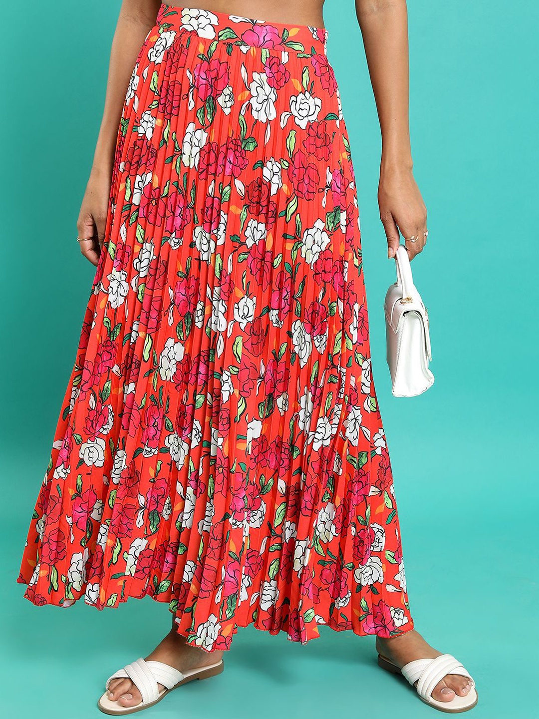 

Tokyo Talkies Women Printed A-Line Maxi Flared Skirt, Orange