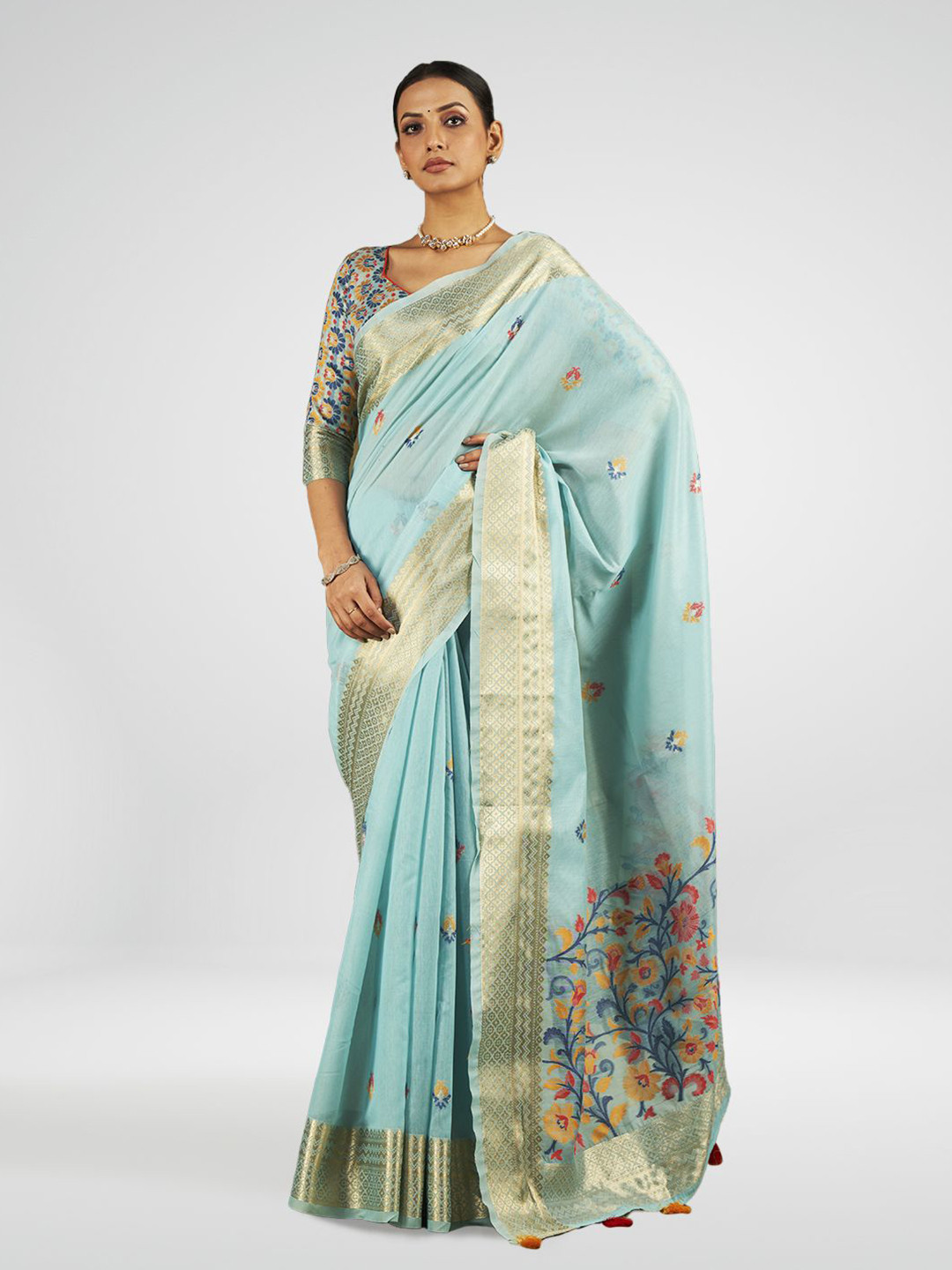 

SARHA Floral Pure Cotton Zari Saree, Turquoise blue