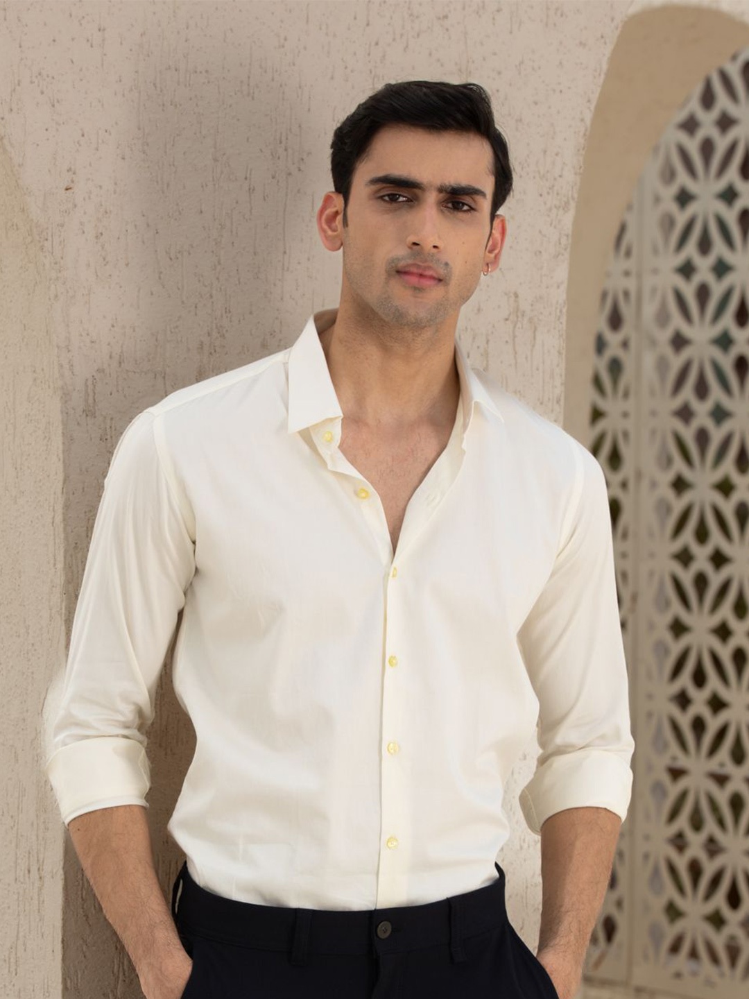 

Urban Scissors Men Mandarin Collar Solid Cotton Casual Shirt, Cream