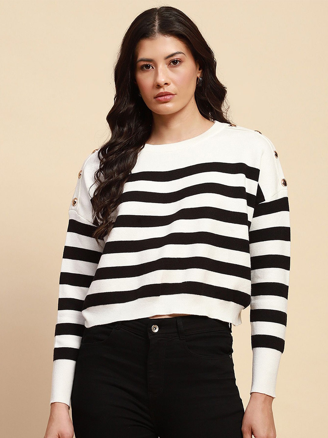 

Global Republic Women Striped Casual Pullover Sweaters, White