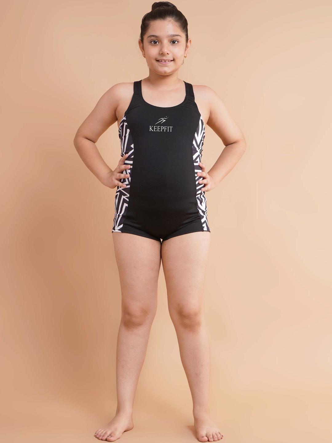 

Keepfit Girls Printed Round Neck Legsuit, Black