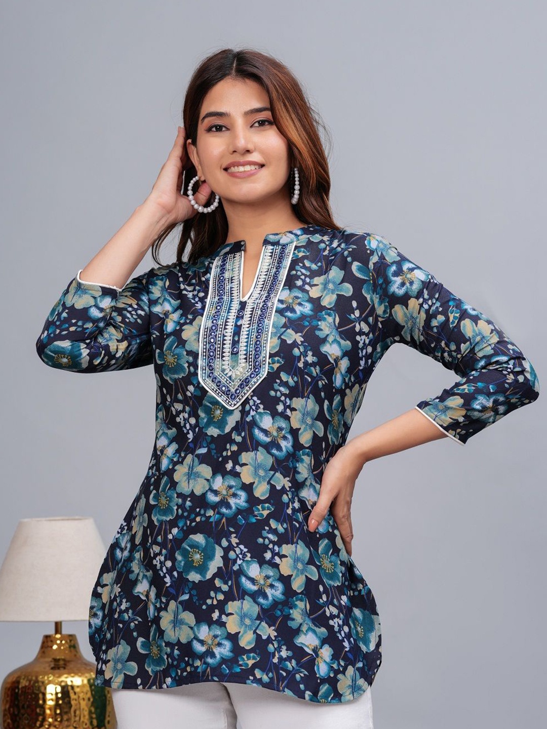 

OKD Empires Women Floral Print Three-Quarter Sleeves Mandarin Collar Top, Blue