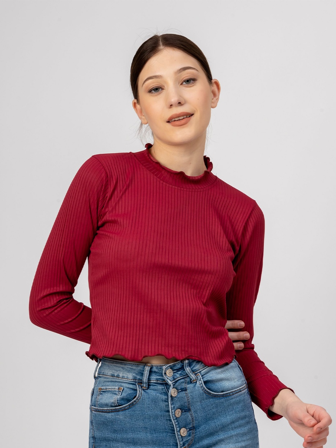 

Redamancii Women Vertical Striped High Neck Polycotton Top, Maroon