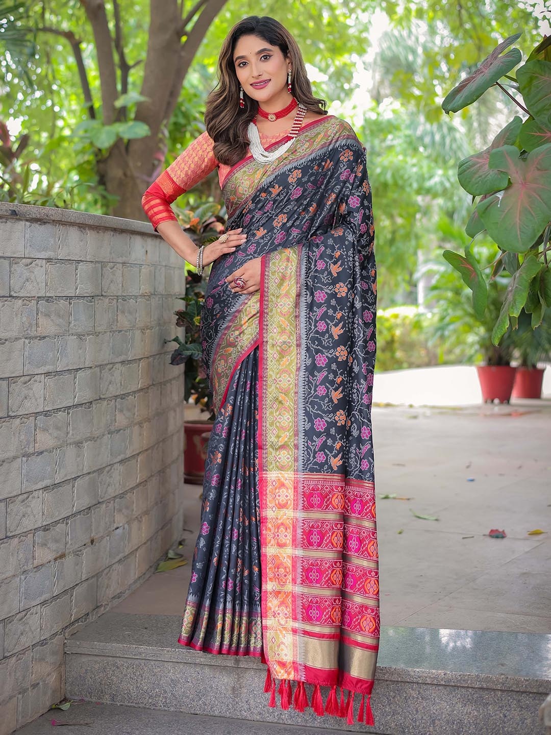 

Mitera Floral Woven Design Zari Patola Sarees, Black