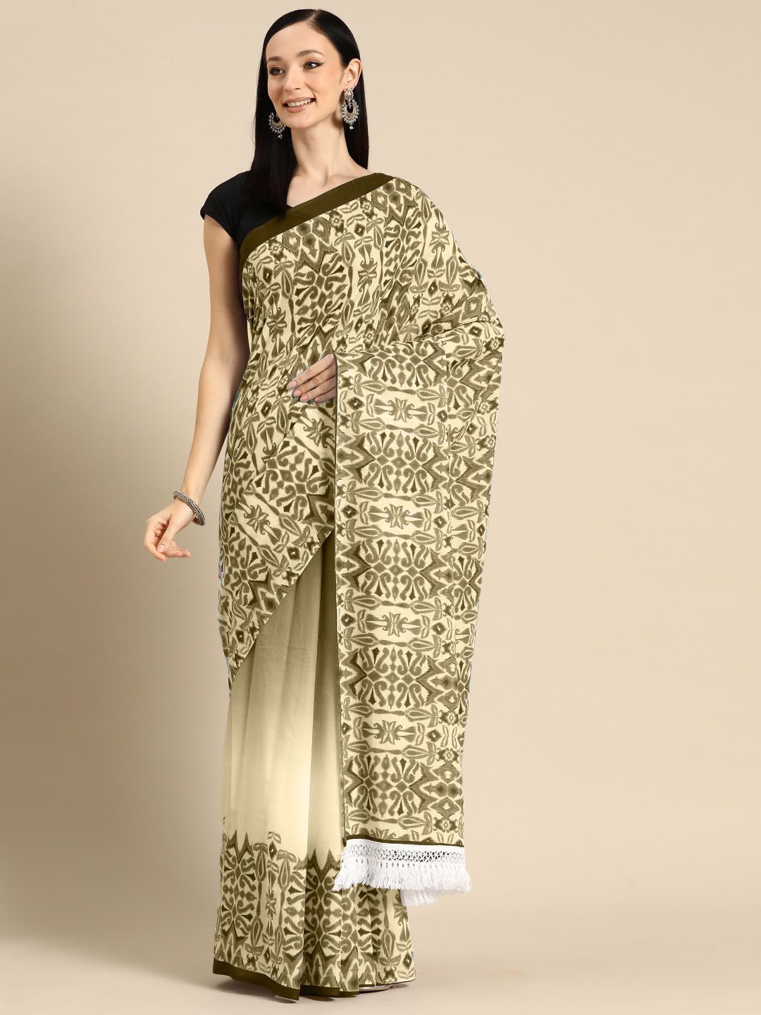 

BUTA BUTI Ethnic Motifs Printed Pure Cotton Saree, Cream