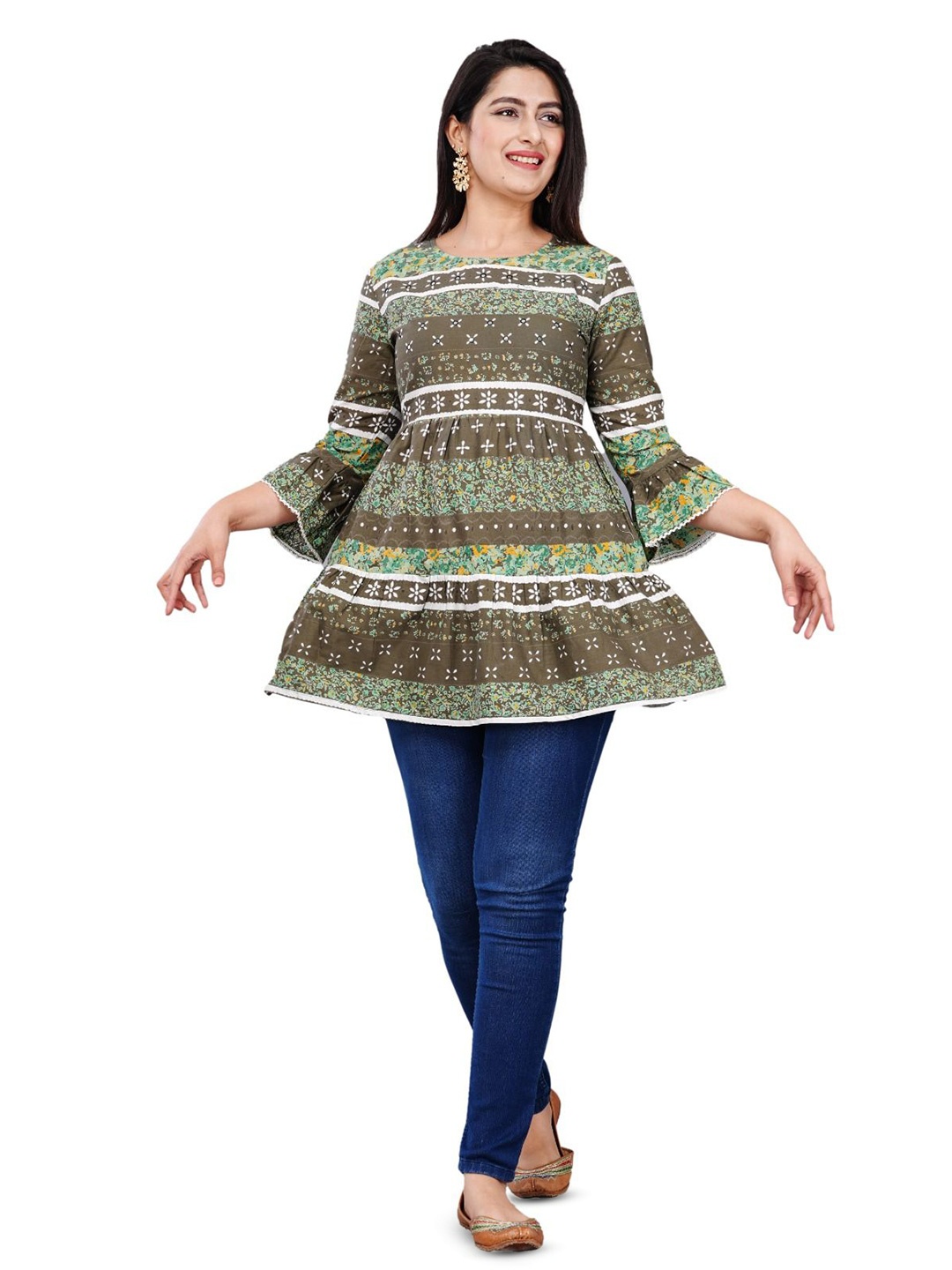 

Cloth Bites Women Cotton Ethnic Motifs Printed Bell Sleeve Empire Top, Brown