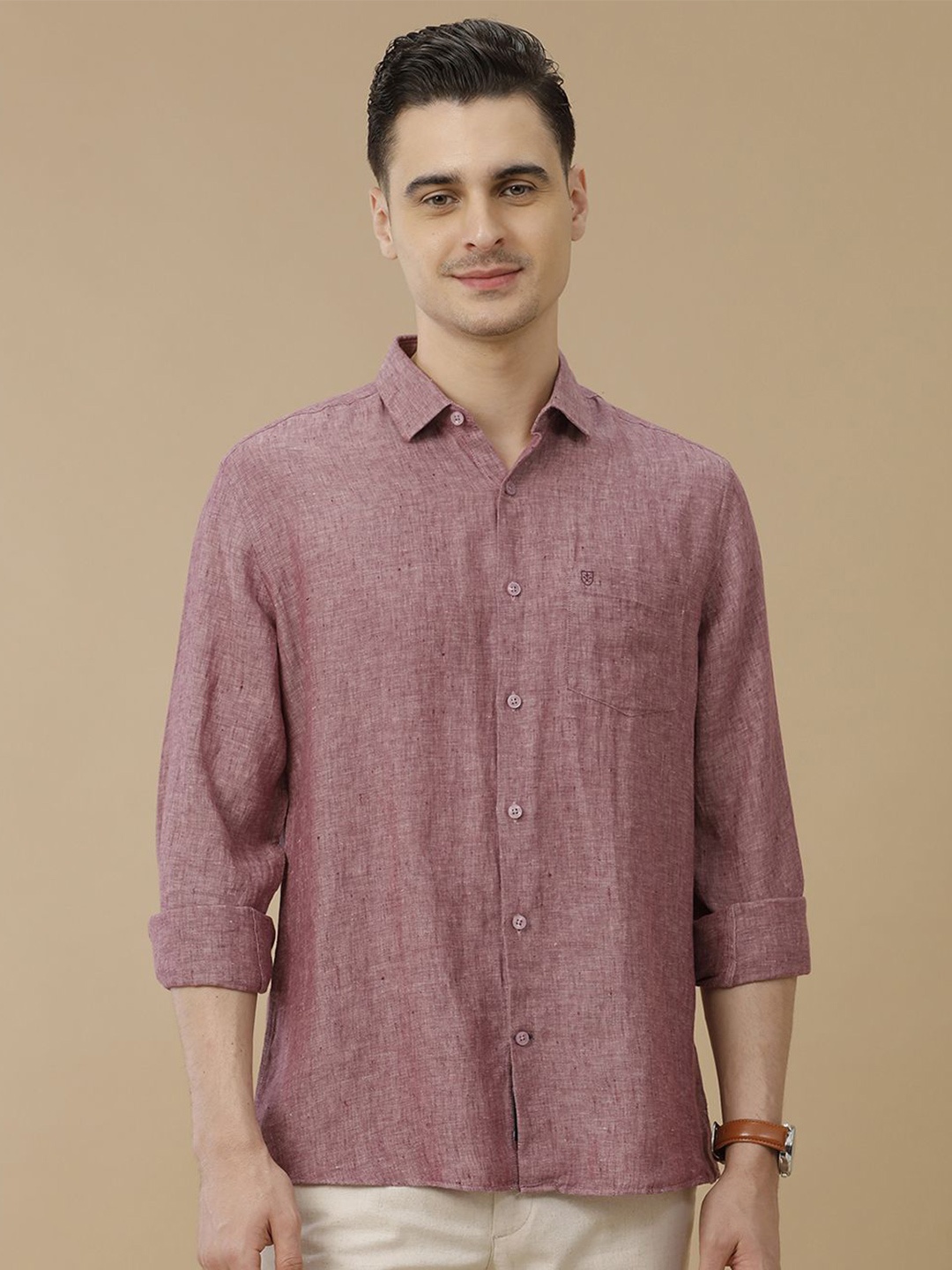 

Linen Club Men Contemporary Spread Collar Solid Slim Fit Casual Shirt, Purple