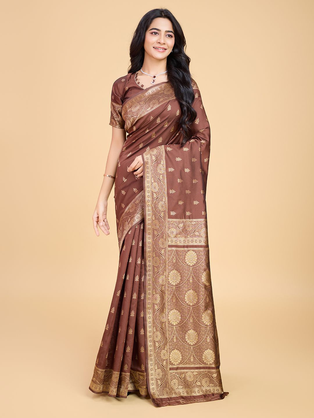 

RICH & ROMAN Woven Design Zari Pure Silk Banarasi Adults-Women Saree, Coffee brown