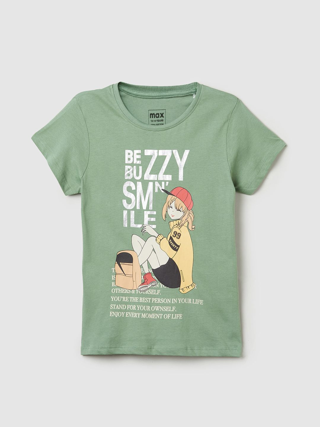 

max Girls Graphic Printed Round Neck Cotton T-shirt, Green
