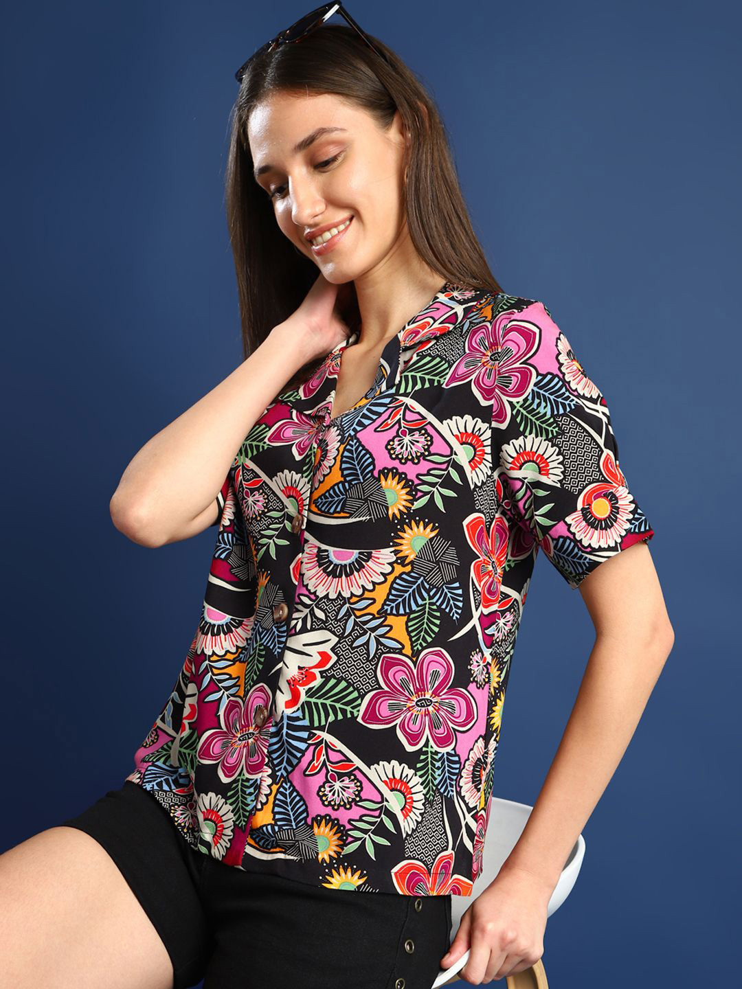 

Hancock Women Relaxed Cuban Collar Floral Printed Casual Resort Shirt, Black