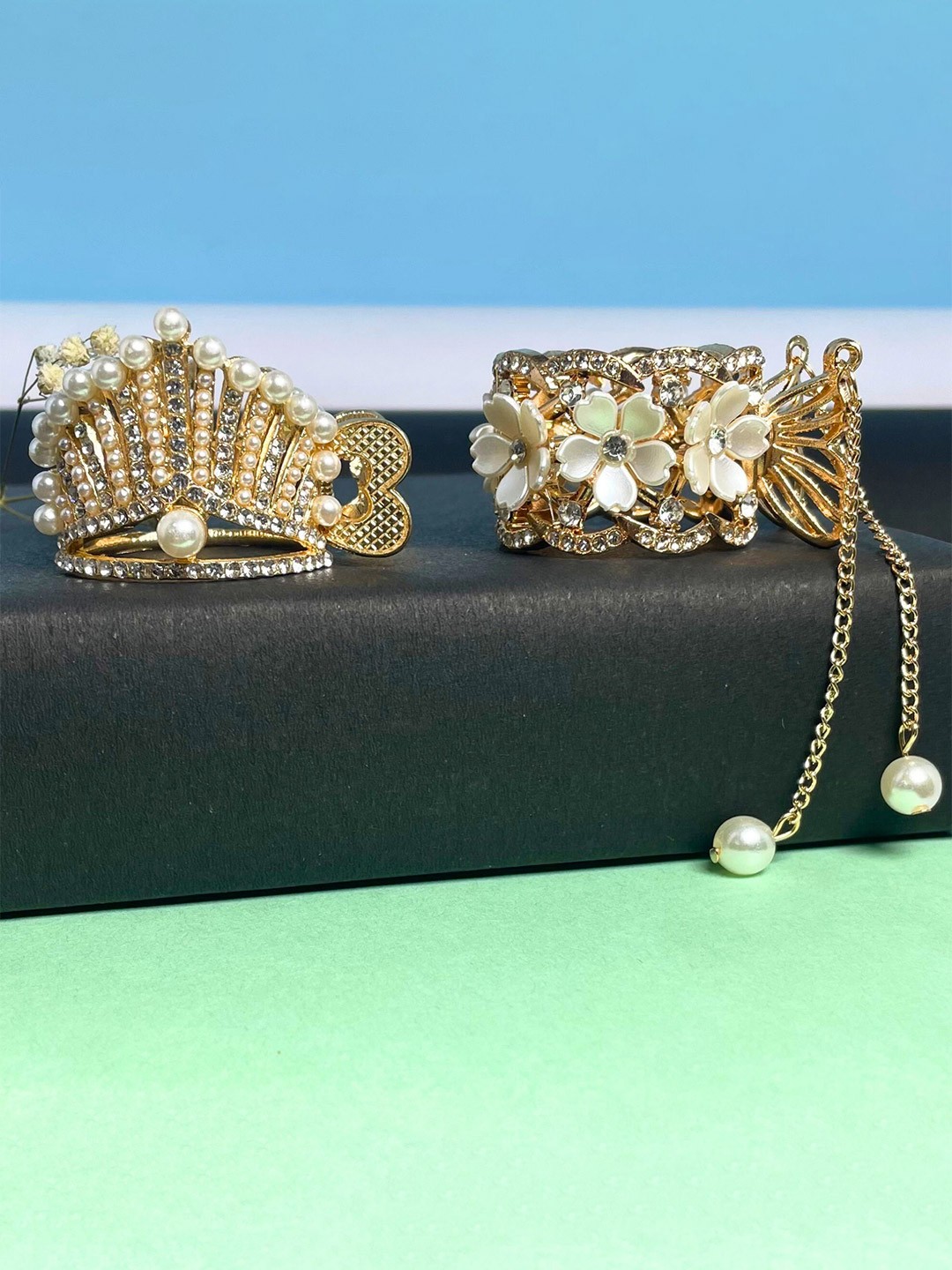 

MANSIYAORANGE Set Of 2 Women Embellished Claw Clips, Gold