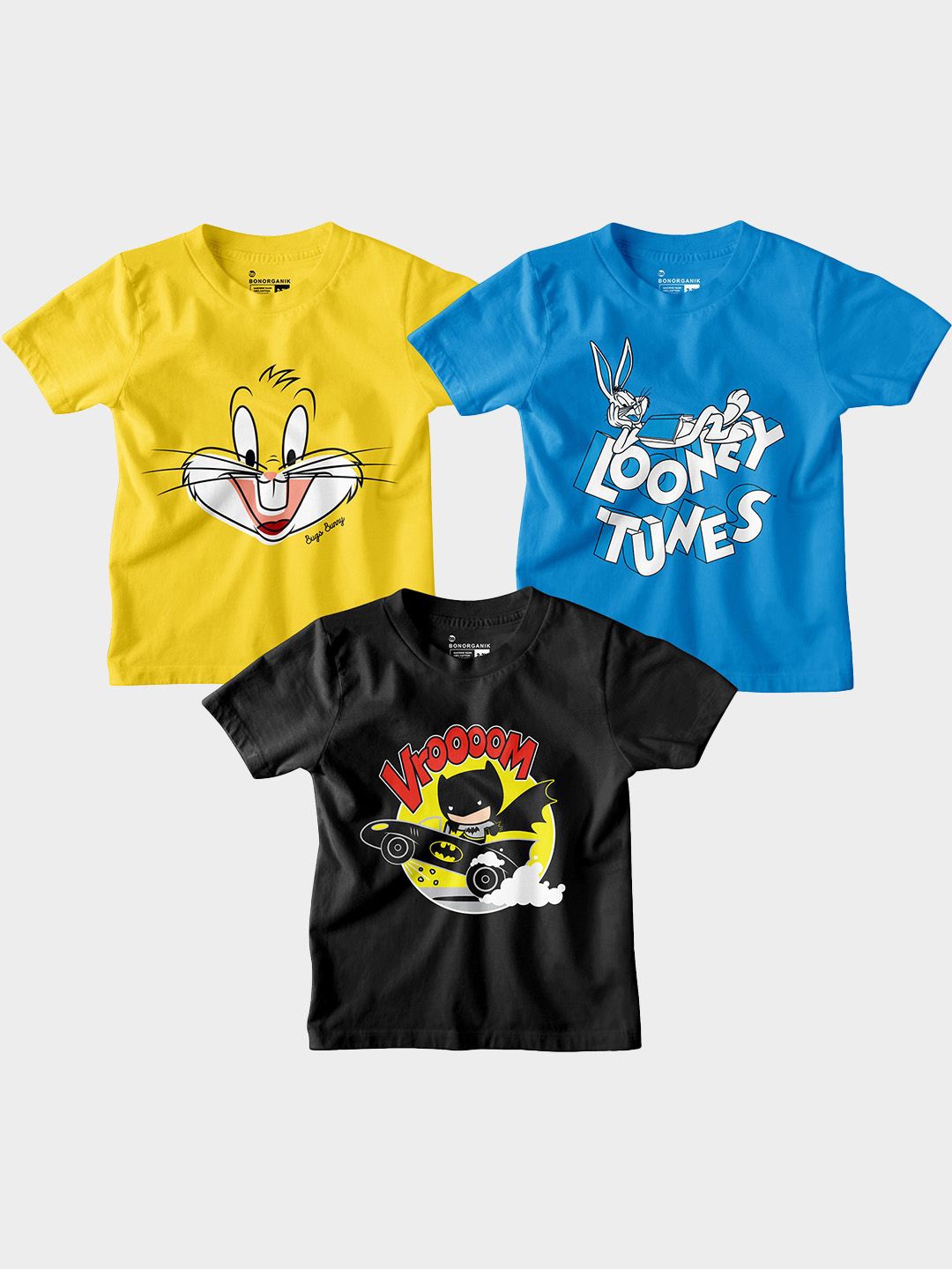 

BonOrganik Boys Pack Of 3 Graphic Printed Round Neck Cotton T-shirts, Yellow