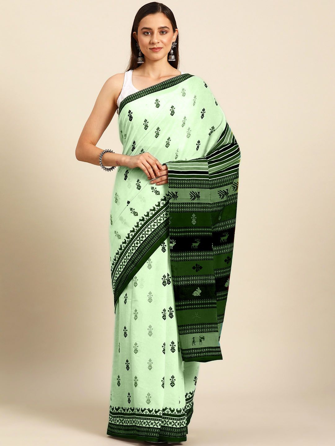 

BUTA BUTI Floral Printed Printed Pure Cotton Saree, Lime green