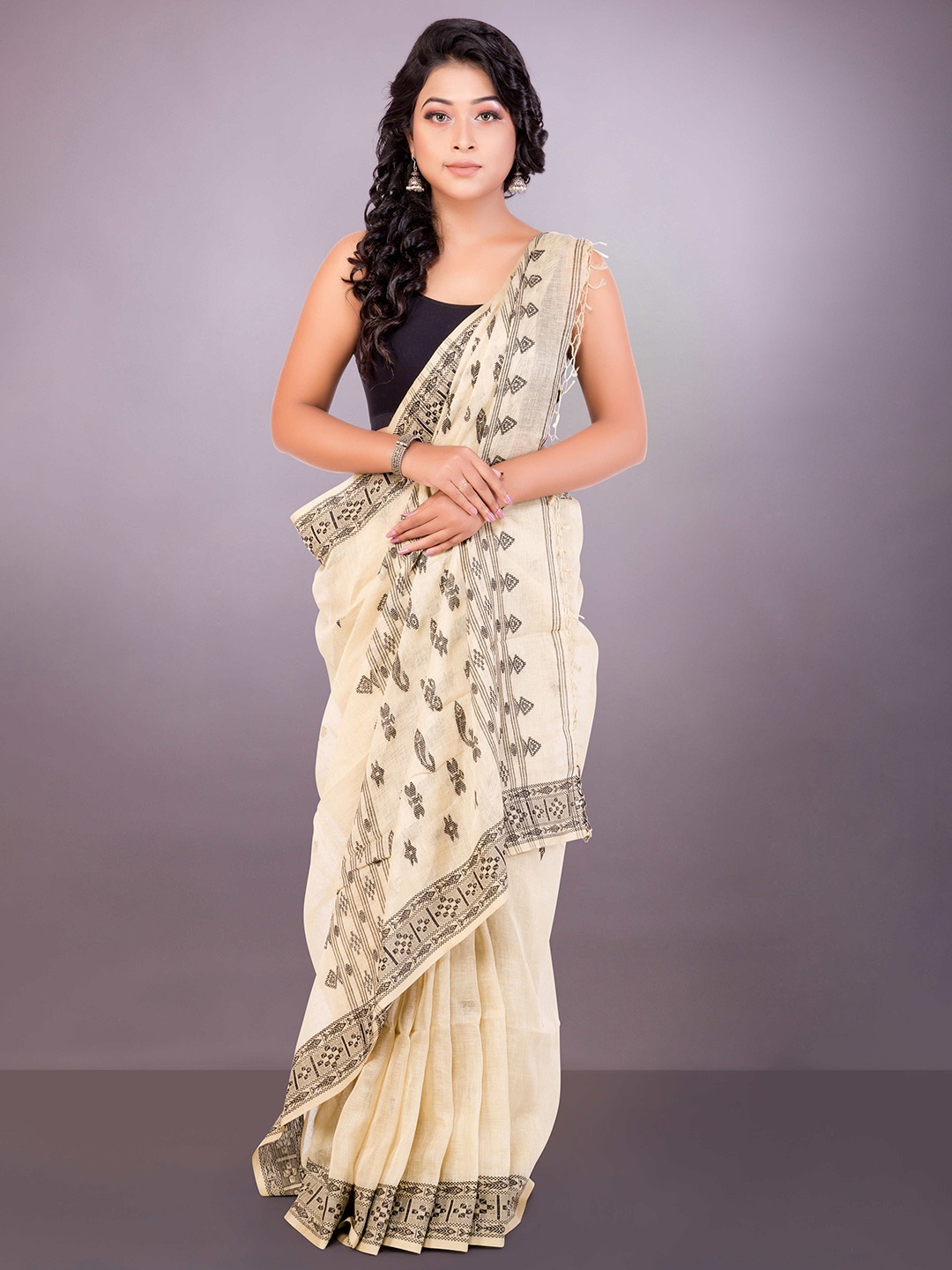 

SPRISH Ethnic Motifs Pure Silk Jamdani Saree, Cream