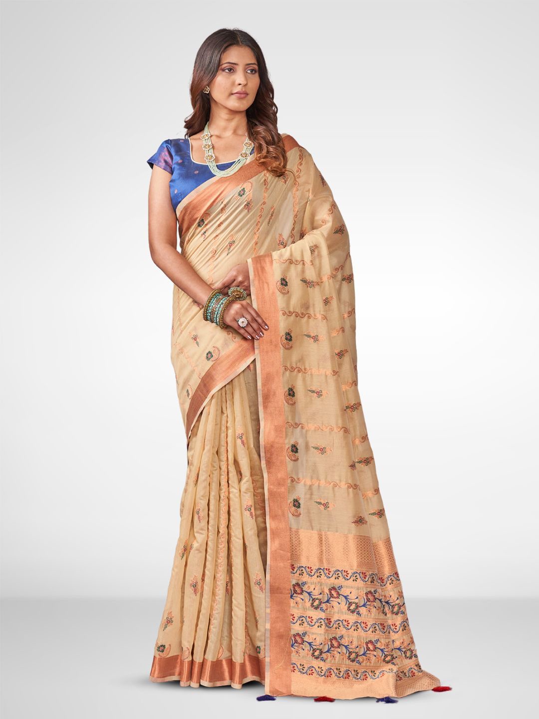 

SARHA Floral Woven Design Zari Pure Cotton Saree, Beige