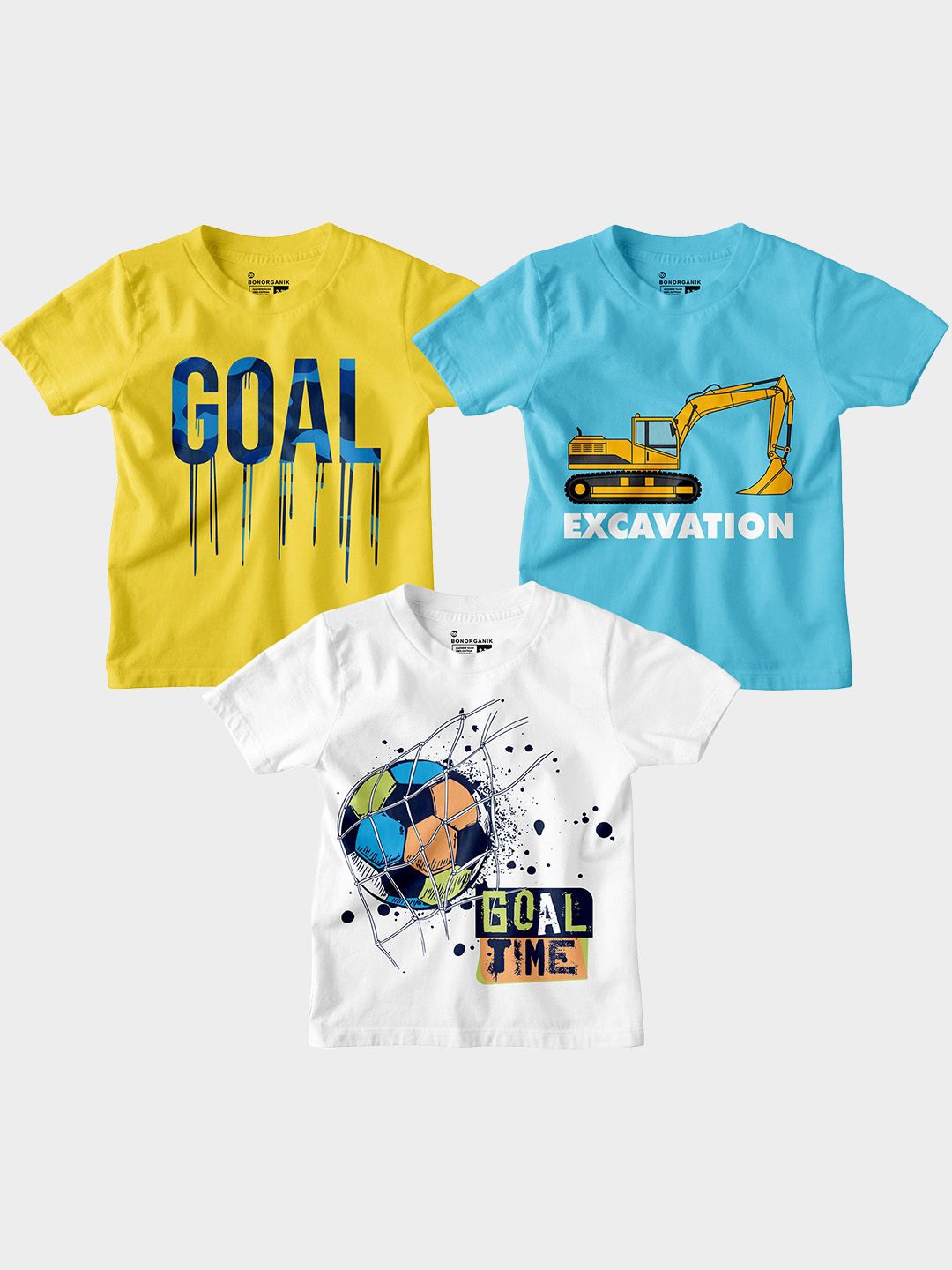 

BonOrganik Boys Pack Of 3 Graphic Printed Round Neck Cotton T-shirts, Yellow