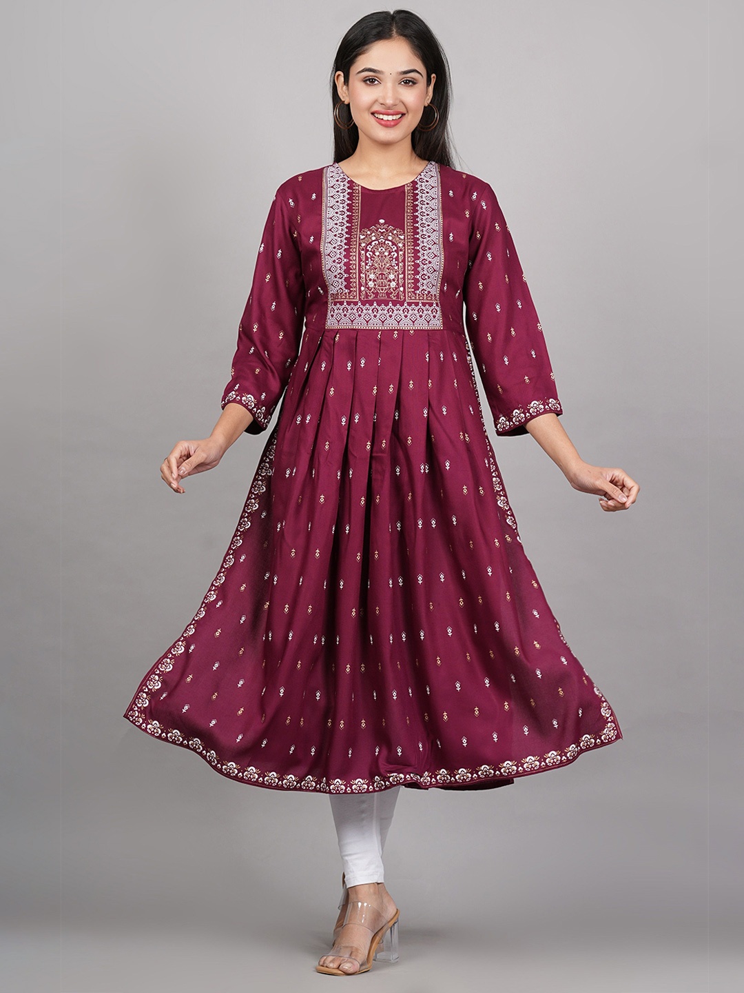 

MF Hayat Women Embroidered Three-Quarter Sleeves Flared Kurtas, Burgundy