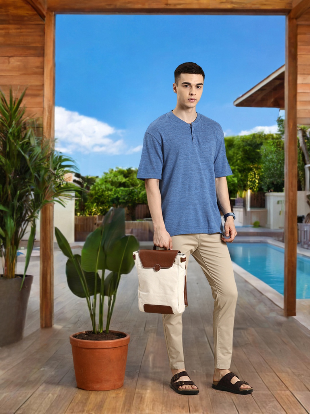 

Mast & Harbour Henley Neck Knit T-shirt, Blue