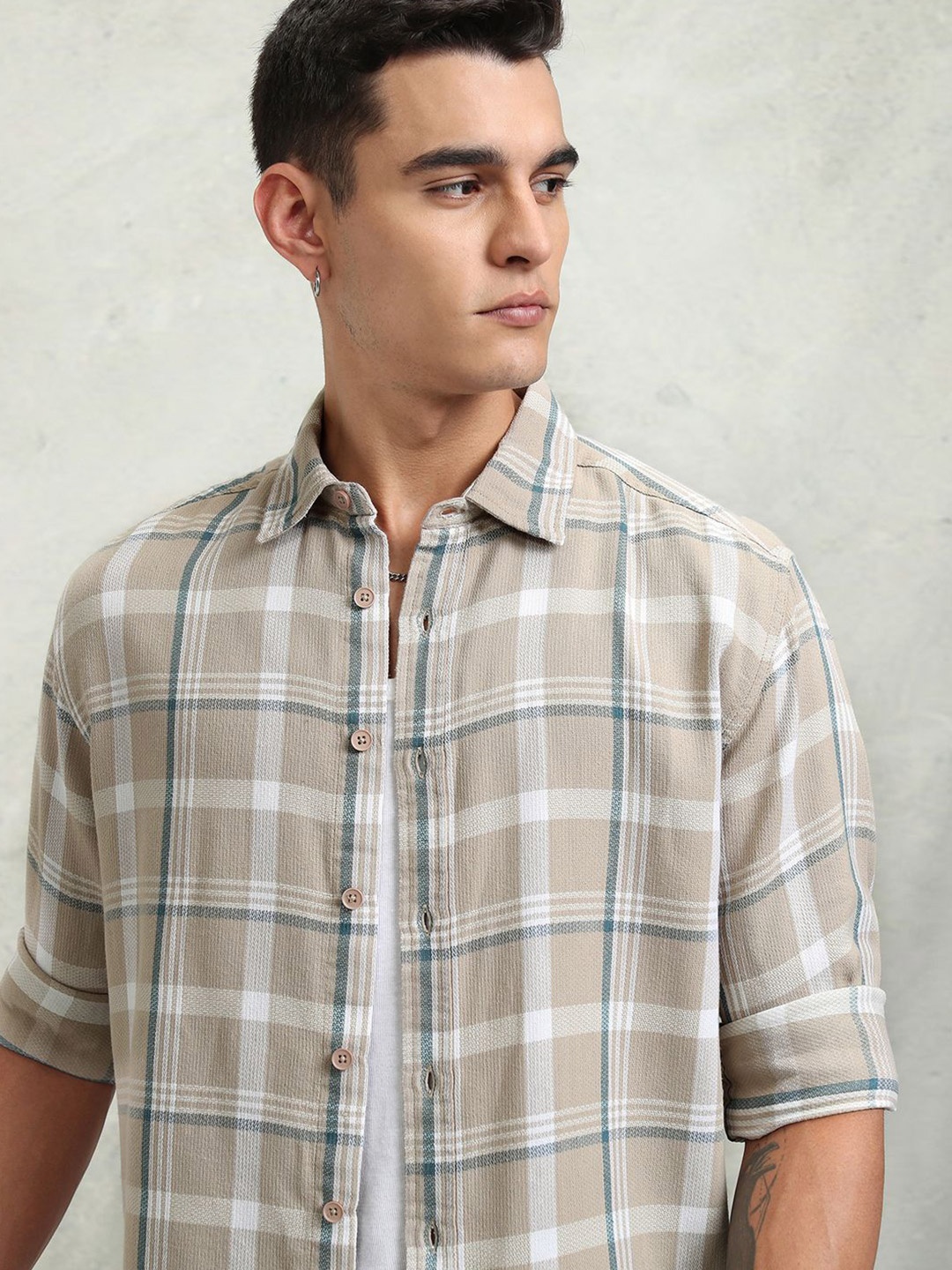 

HIGHLANDER Dobby Textured Checked Oversized Shirt, Brown