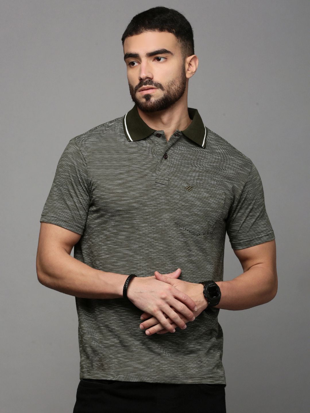 

ONN Men Abstract Printed Polo Collar Cotton T-shirt, Olive